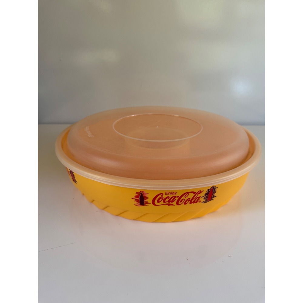 Vintage Coca-Cola PackerWare Yellow Plastic Serving Bowl with Lid 13 Inch Round